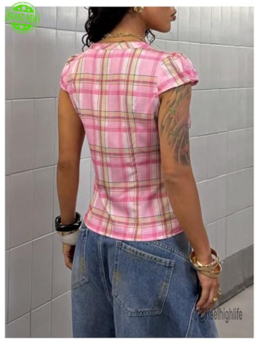 Vintage Plaid Button Down V Neck Blouse Y2K Top - Picture 2 of 5